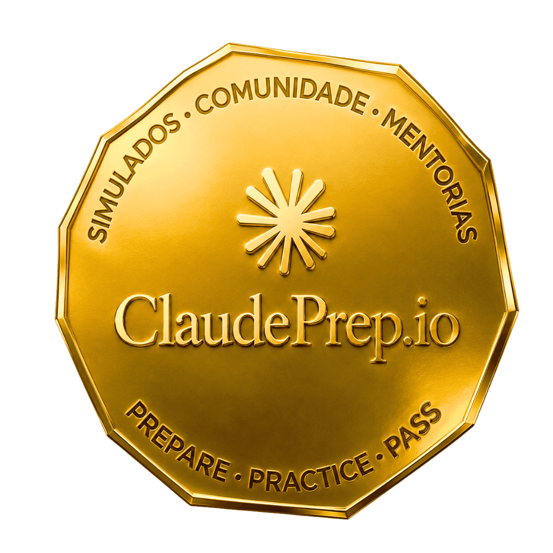 Selo ClaudePrep.io — Simulados, Comunidade, Mentorias. Prepare, Practice, Pass.